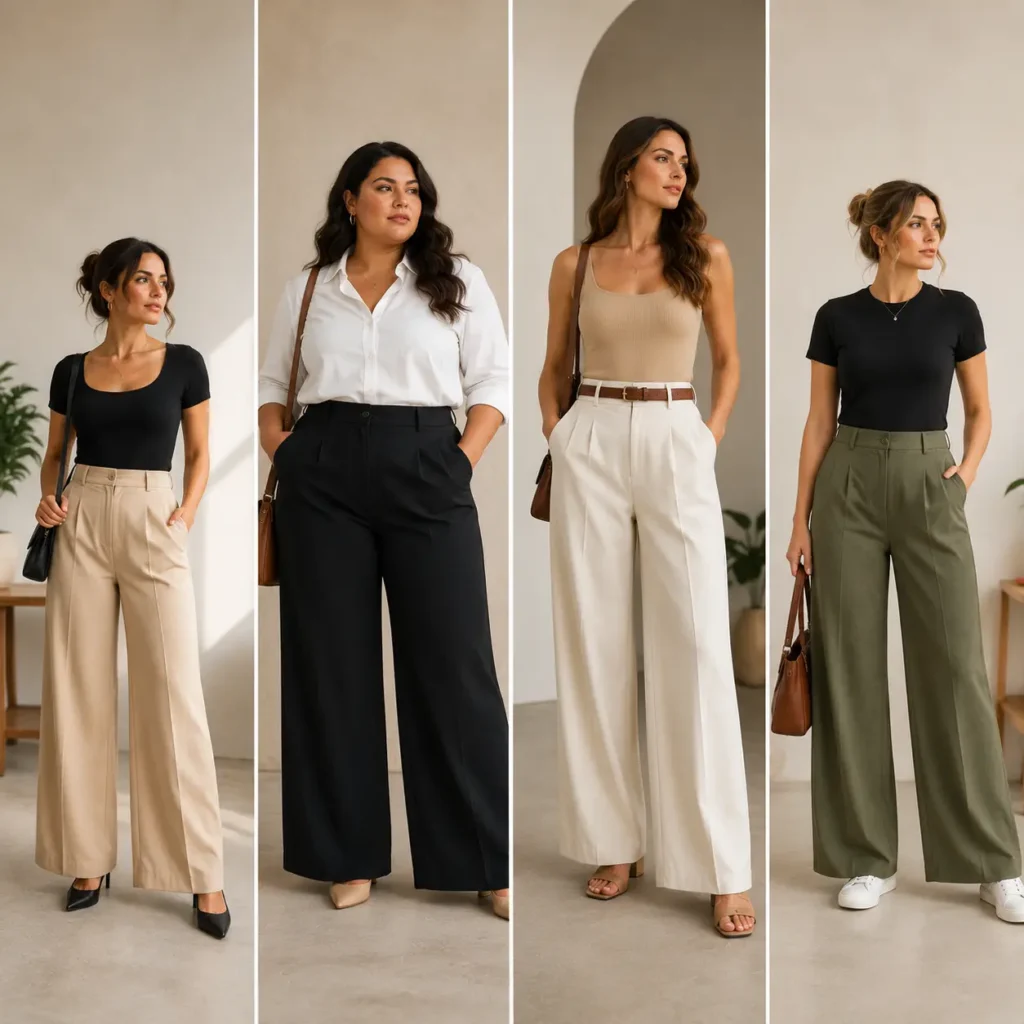 Women with different body types wearing flattering high-waisted wide leg pants in varied styles