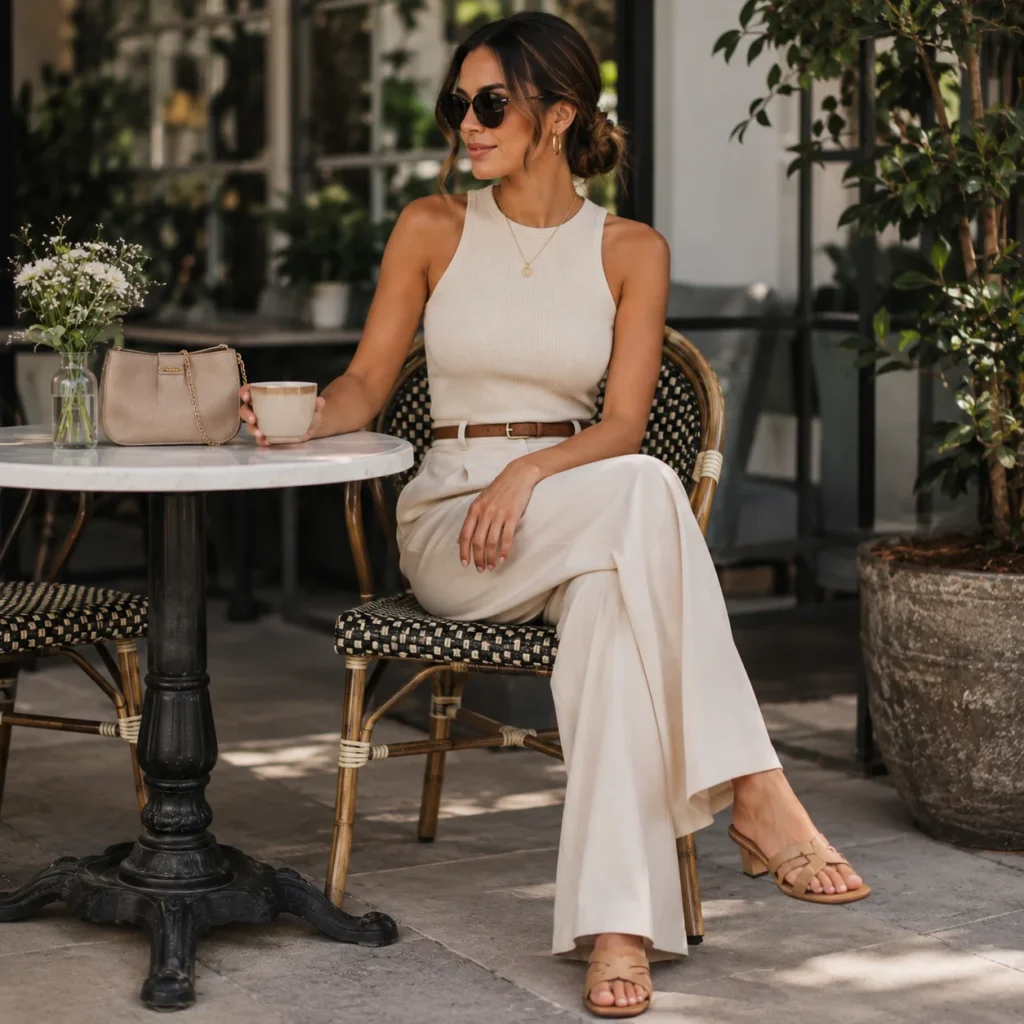 Woman wearing wide-leg trousers with a fitted top and sandals at a café