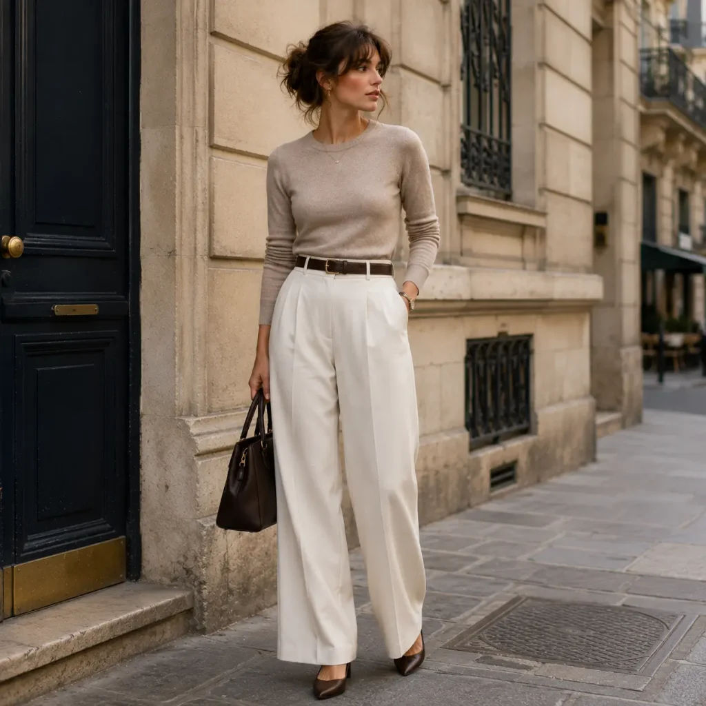 Woman wearing a fitted ivory sweater with high-waisted wide-leg trousers and brown heels.