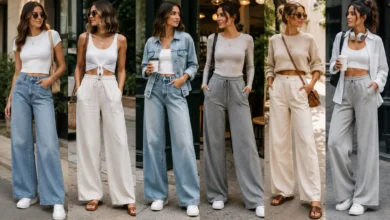 Wide leg pants outfit ideas featuring casual tops, denim jackets, sweaters, sneakers, and sandals for everyday styling.