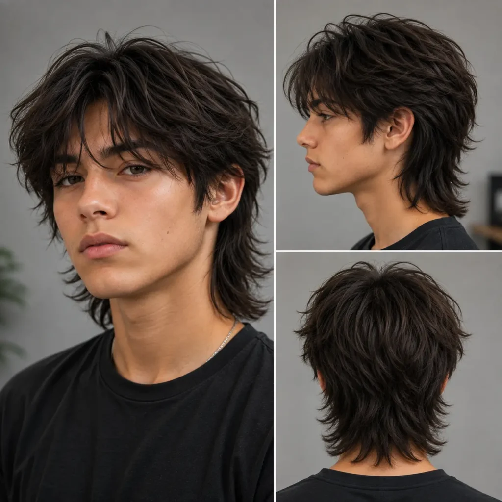 Modern wolf cut hairstyle with layered shaggy hair and longer back