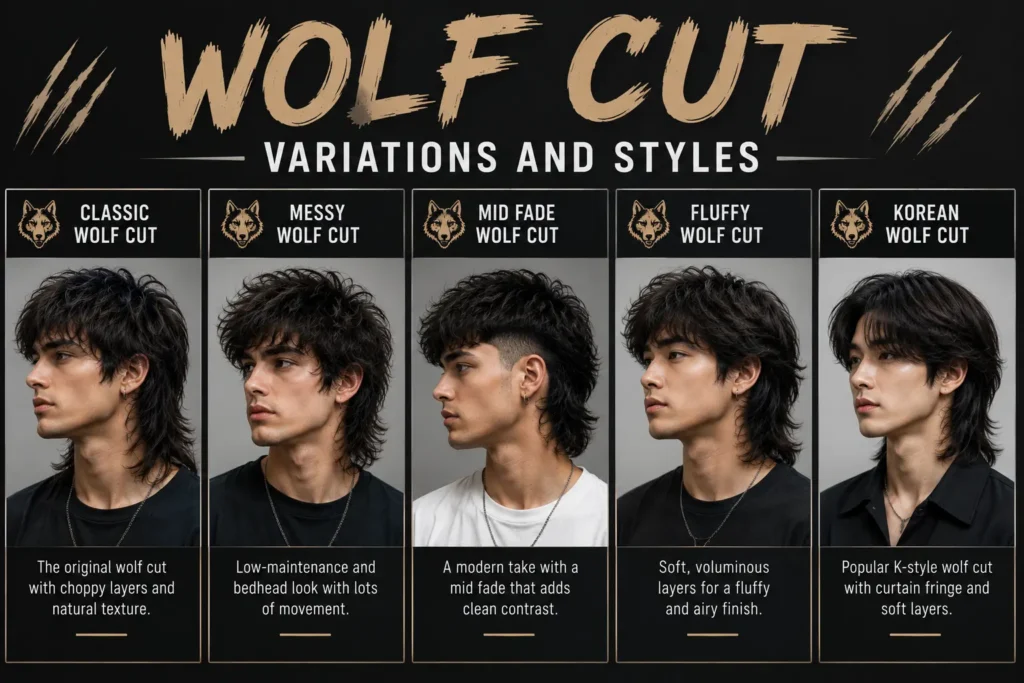 Different wolf cut variations for men including classic messy mid fade fluffy and Korean styles