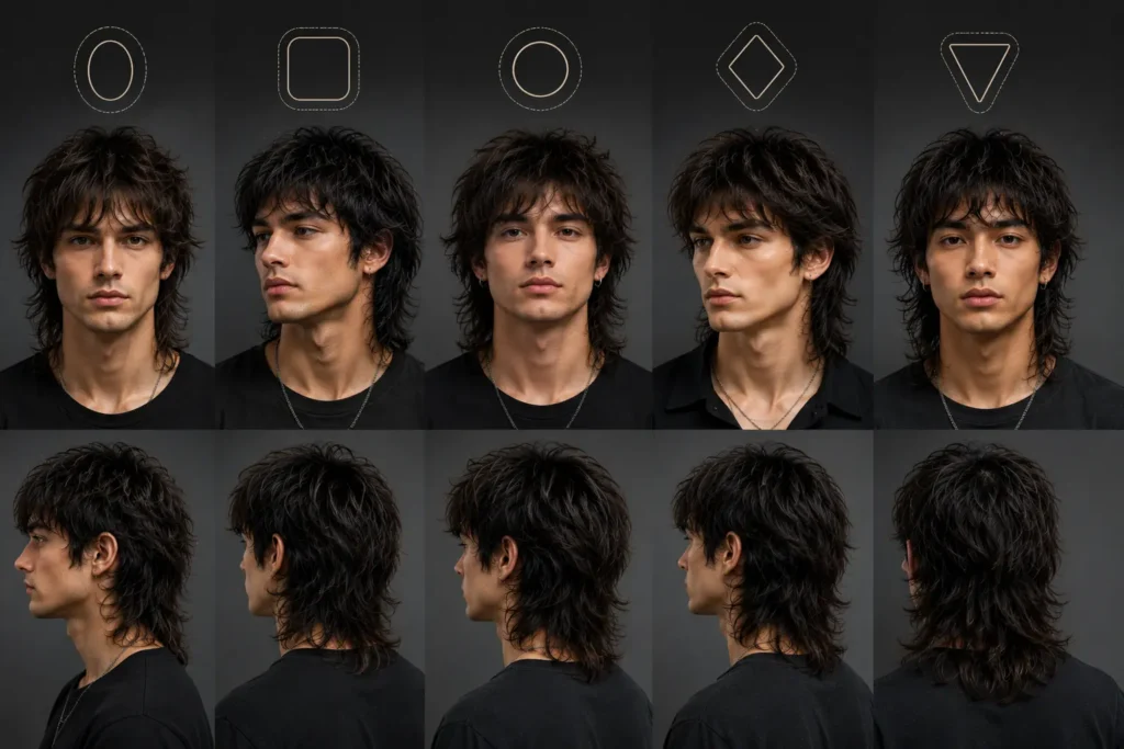 Men's wolf cut hairstyles shown with different face shapes and layered hair views