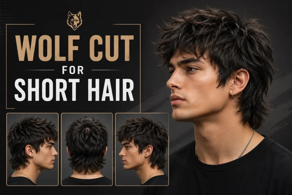 Short wolf cut for men with textured layers and tousled hairstyle
