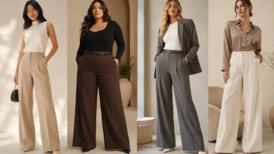 Wide leg pants styled for petite, curvy, tall, and athletic body types in a neutral fashion editorial setting.
