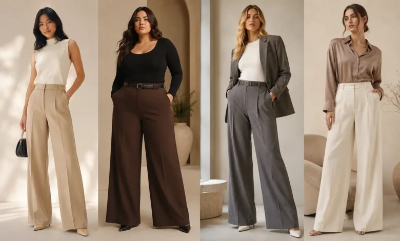 Wide leg pants styled for petite, curvy, tall, and athletic body types in a neutral fashion editorial setting.
