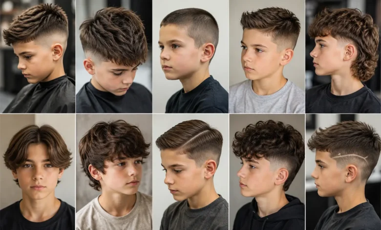 Modern boys haircuts featuring fade, textured crop, quiff, mullet, and other stylish short hairstyles
