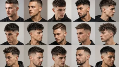Stylish men's short haircuts including textured crops, fades, and modern classic hairstyles
