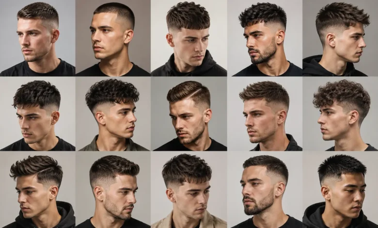 Stylish men's short haircuts including textured crops, fades, and modern classic hairstyles