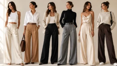 Women wearing different tops styled with wide leg pants in a variety of fashionable outfits.