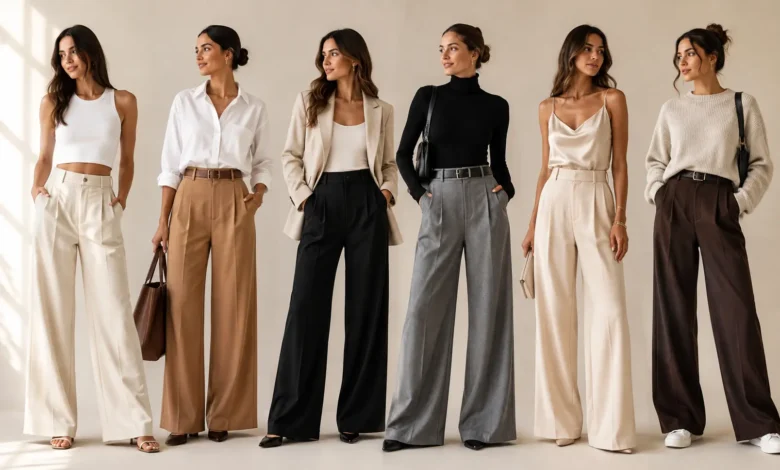 Women wearing different tops styled with wide leg pants in a variety of fashionable outfits.