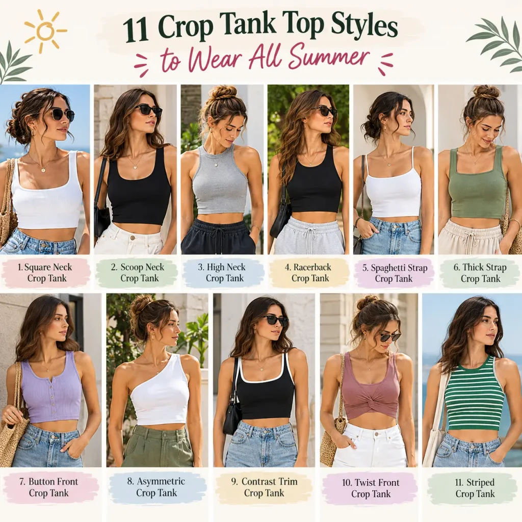 11 crop tank top styles to wear all summer, including square neck, scoop neck, high neck, racerback, spaghetti strap, thick strap, button front, asymmetric, contrast trim, twist front, and striped crop tank tops.