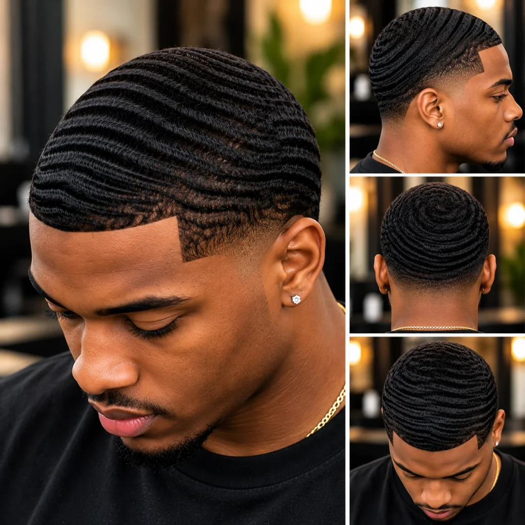 Black man showcasing defined 360 waves with a sharp hairline, clean fade, and neatly groomed facial hair.