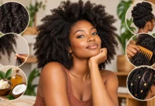 4C Curly Hair on a confident Black woman with healthy, tightly coiled natural hair, showcasing texture, moisture care, detangling, and protective styling.