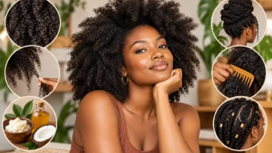 4C Curly Hair on a confident Black woman with healthy, tightly coiled natural hair, showcasing texture, moisture care, detangling, and protective styling.
