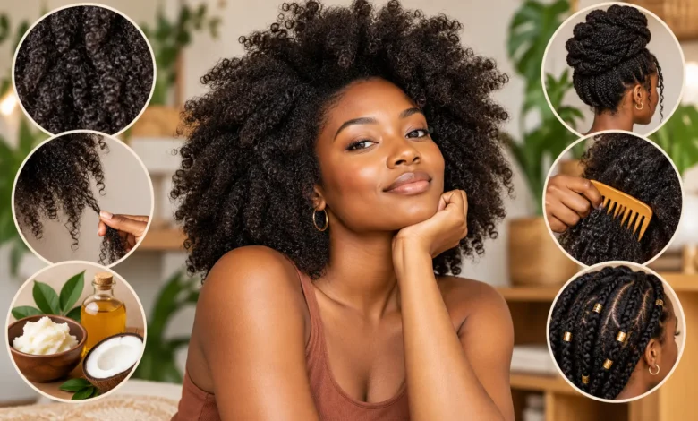 4C Curly Hair on a confident Black woman with healthy, tightly coiled natural hair, showcasing texture, moisture care, detangling, and protective styling.
