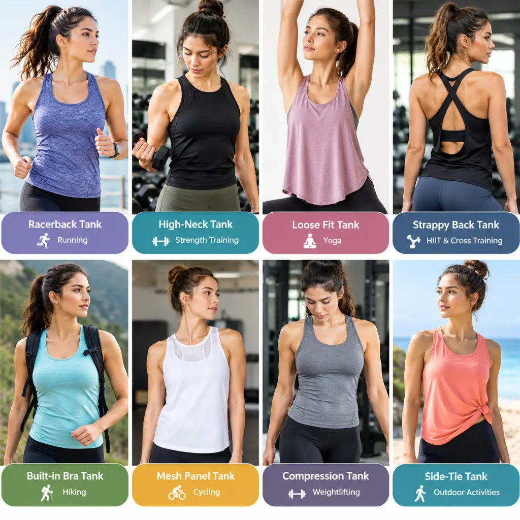 8 athletic tank top styles for different workouts including running, yoga, HIIT, hiking, cycling, and weightlifting