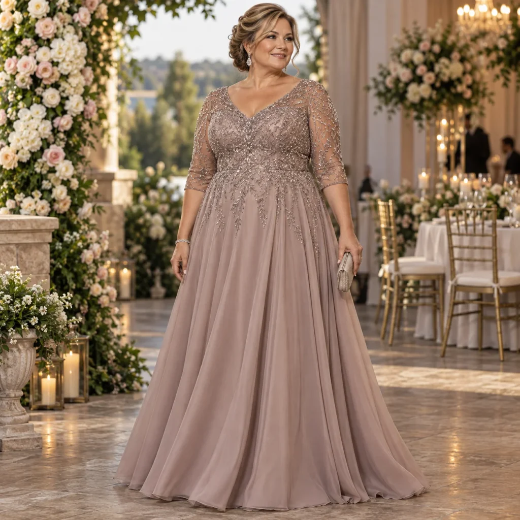 Plus size mother of the bride wearing an elegant A-line gown with a beaded bodice