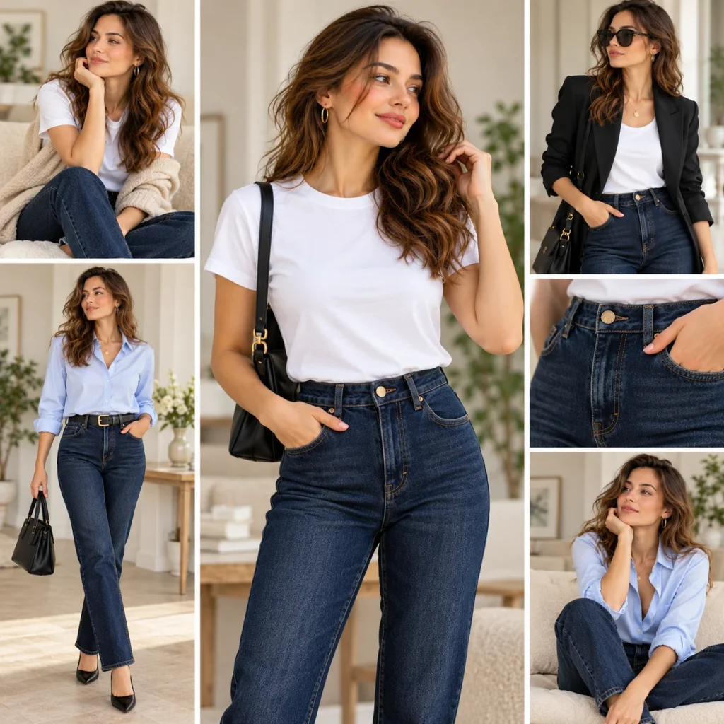 Woman wearing dark denim jeans with a white shirt for a classic casual everyday fashion look