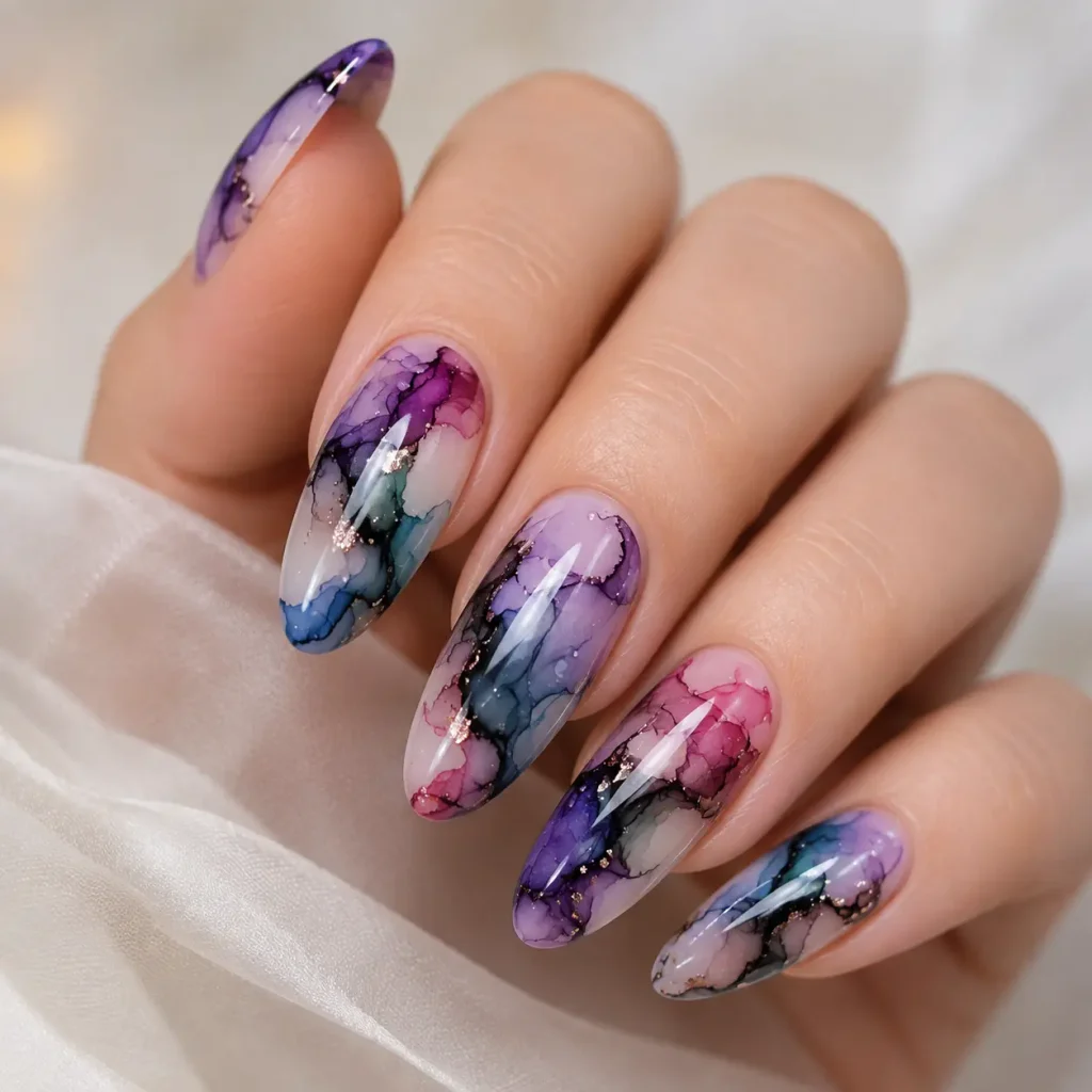 Abstract ink-blot blooming gel nails with purple blue pink and teal marble patterns