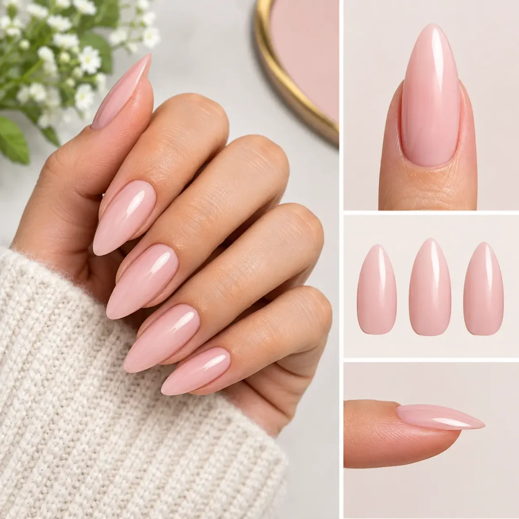 Glossy pink almond-shaped nails on a manicured hand