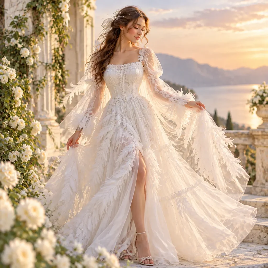 Angelic all-white gown with sheer feather sleeve details and flowing layers in an ethereal outdoor scene