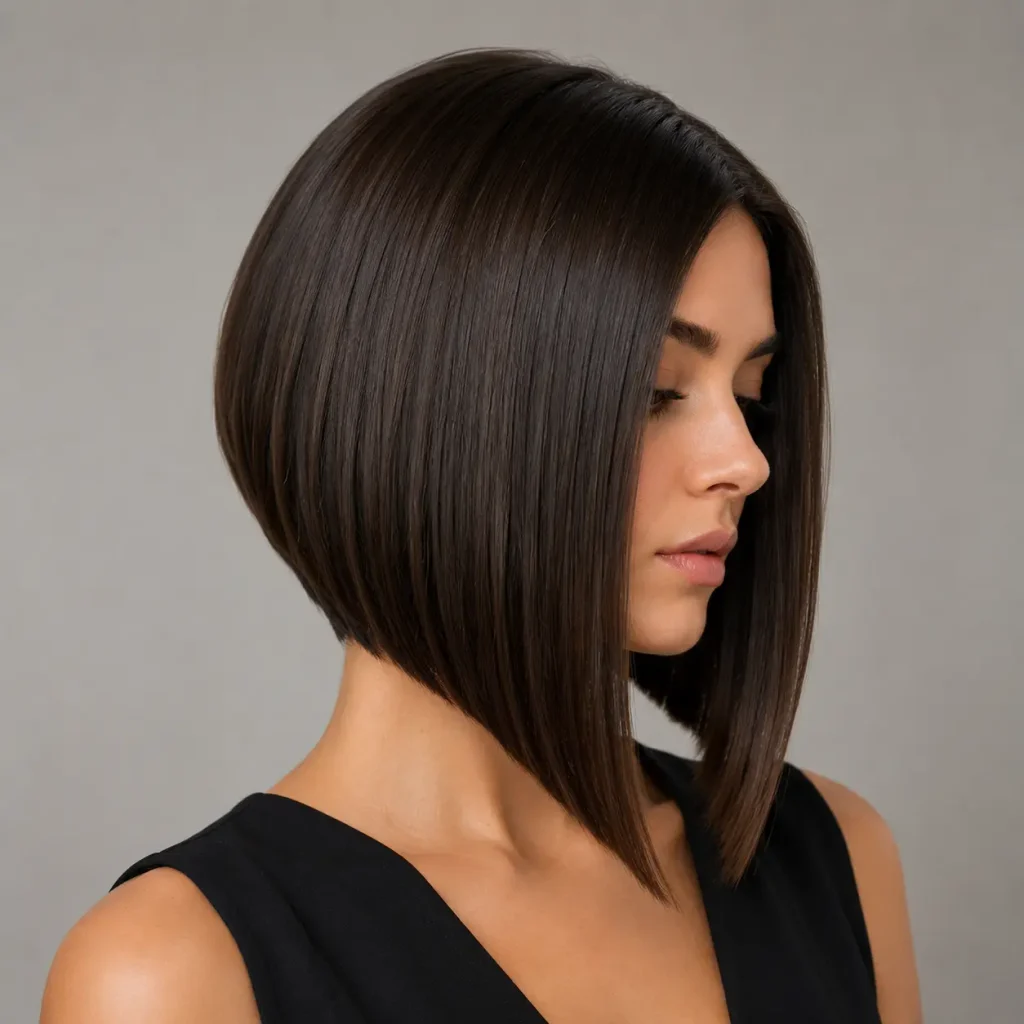 Angled precision haircut with shorter back sections and longer face-framing front pieces