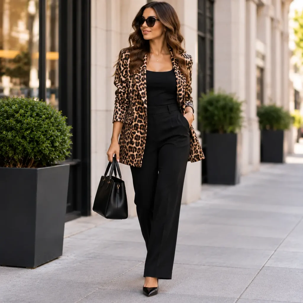 Woman wearing a leopard print blazer as a bold animal print statement piece in a stylish street fashion outfit