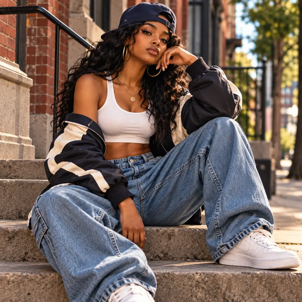 Black woman wearing baggy jeans, fitted white crop top and oversized bomber jacket in a 90s tomboy streetwear look.