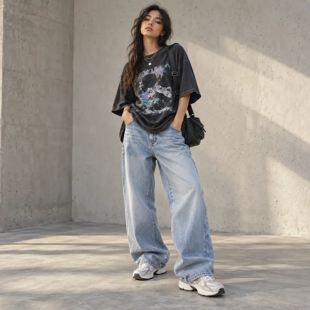 Gen Z woman wearing baggy light-wash jeans, oversized graphic tee and chunky sneakers