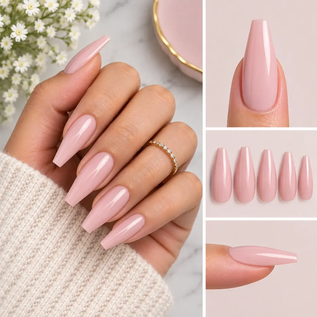 Glossy pink ballerina nails with tapered sides and flat tips