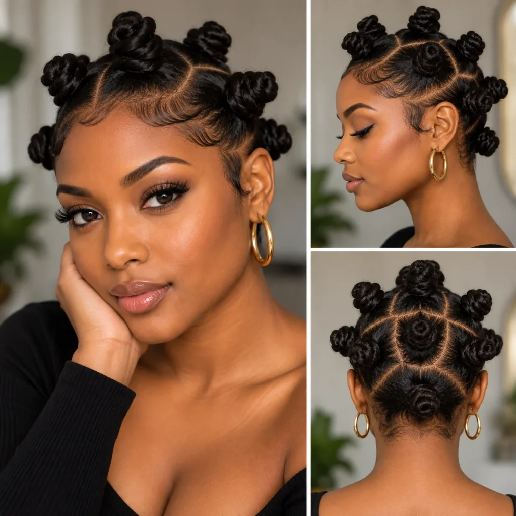 Black woman wearing neat Bantu knots with clean sectioned parts