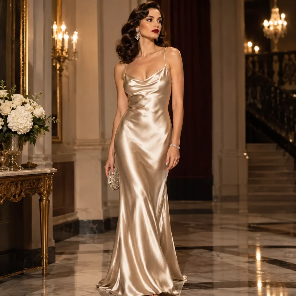 Woman wearing a champagne satin bias-cut slip gown with elegant jewelry in a luxurious old Hollywood setting