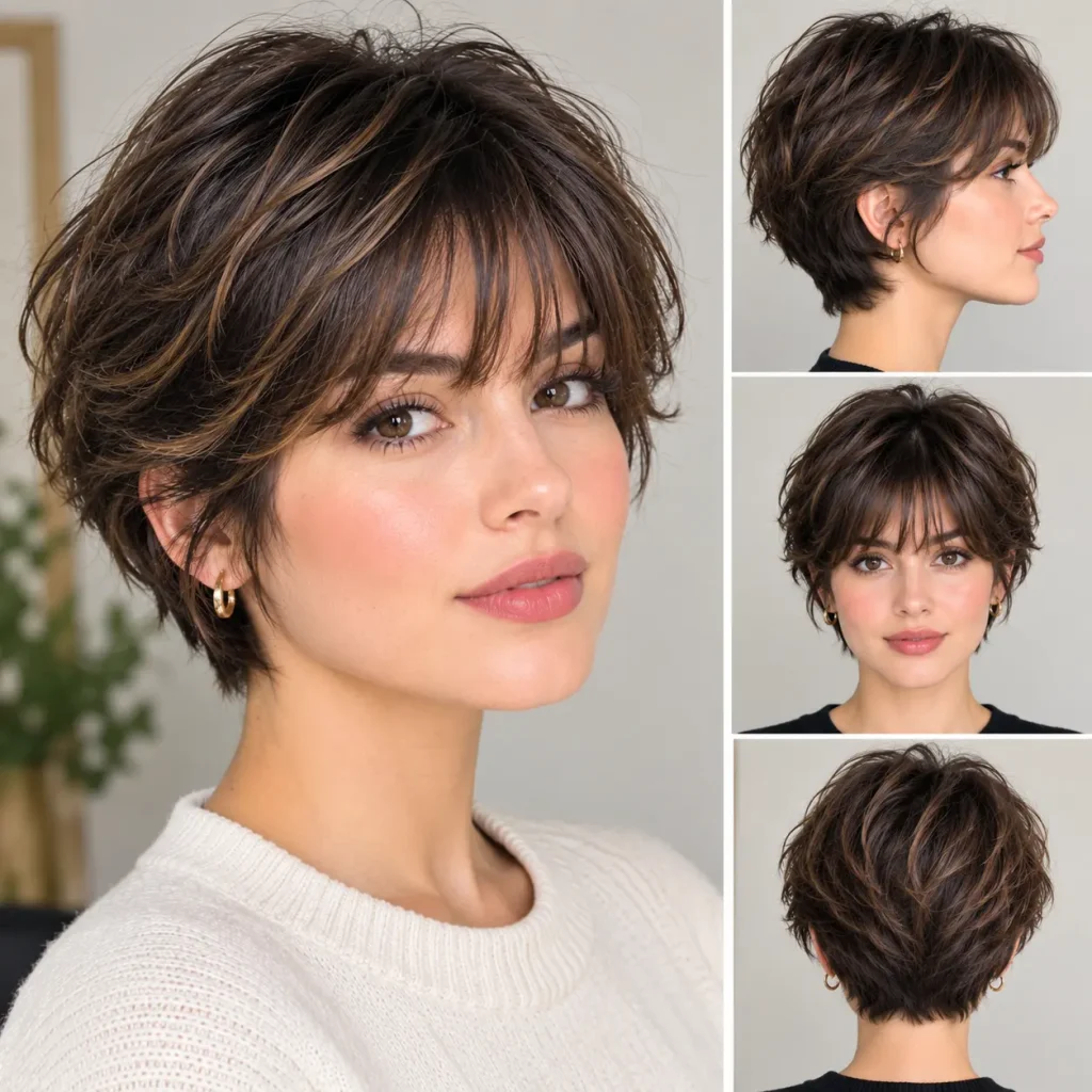 Bixie haircut with soft wispy bangs and textured layers framing the face