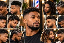 Black Men Hairstyles featuring stylish fades, 360 waves, twists, cornrows, locs, natural afro, and modern curly haircuts.