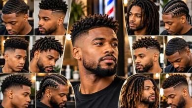 Black Men Hairstyles featuring stylish fades, 360 waves, twists, cornrows, locs, natural afro, and modern curly haircuts.