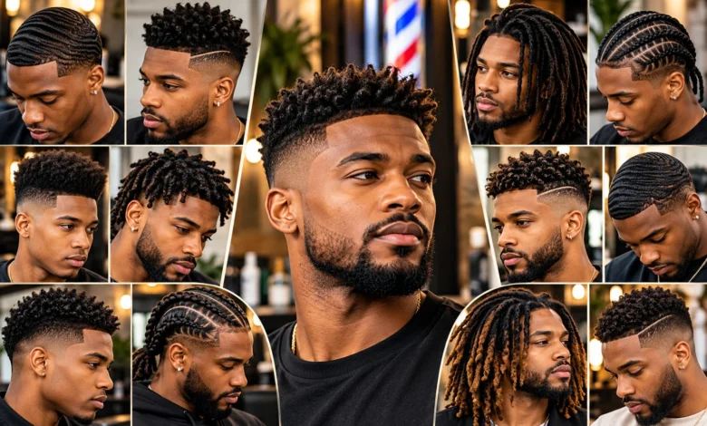 Black Men Hairstyles featuring stylish fades, 360 waves, twists, cornrows, locs, natural afro, and modern curly haircuts.