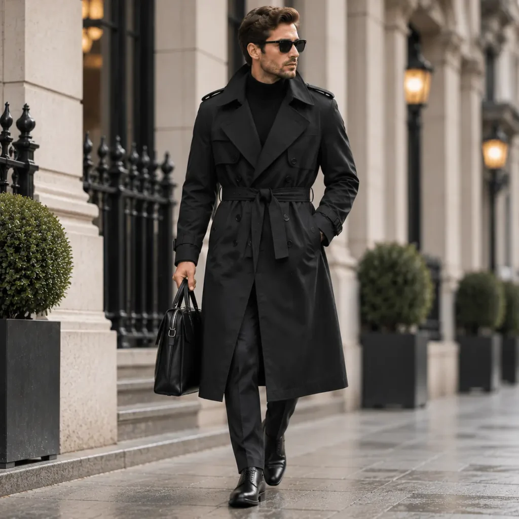 Black trench coat worn by a stylish man with leather bag in an upscale urban street setting