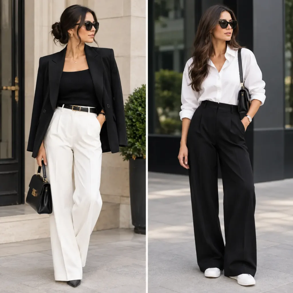 Black and white outfit combination with elegant tailored fashion pieces