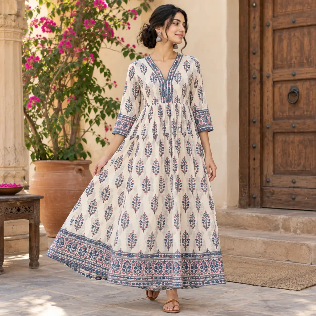 Woman wearing a traditional block print cotton maxi dress with floral patterns