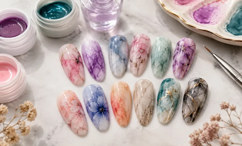 Blooming gel designs featuring colorful watercolor, floral, and marble nail art on a manicure setup