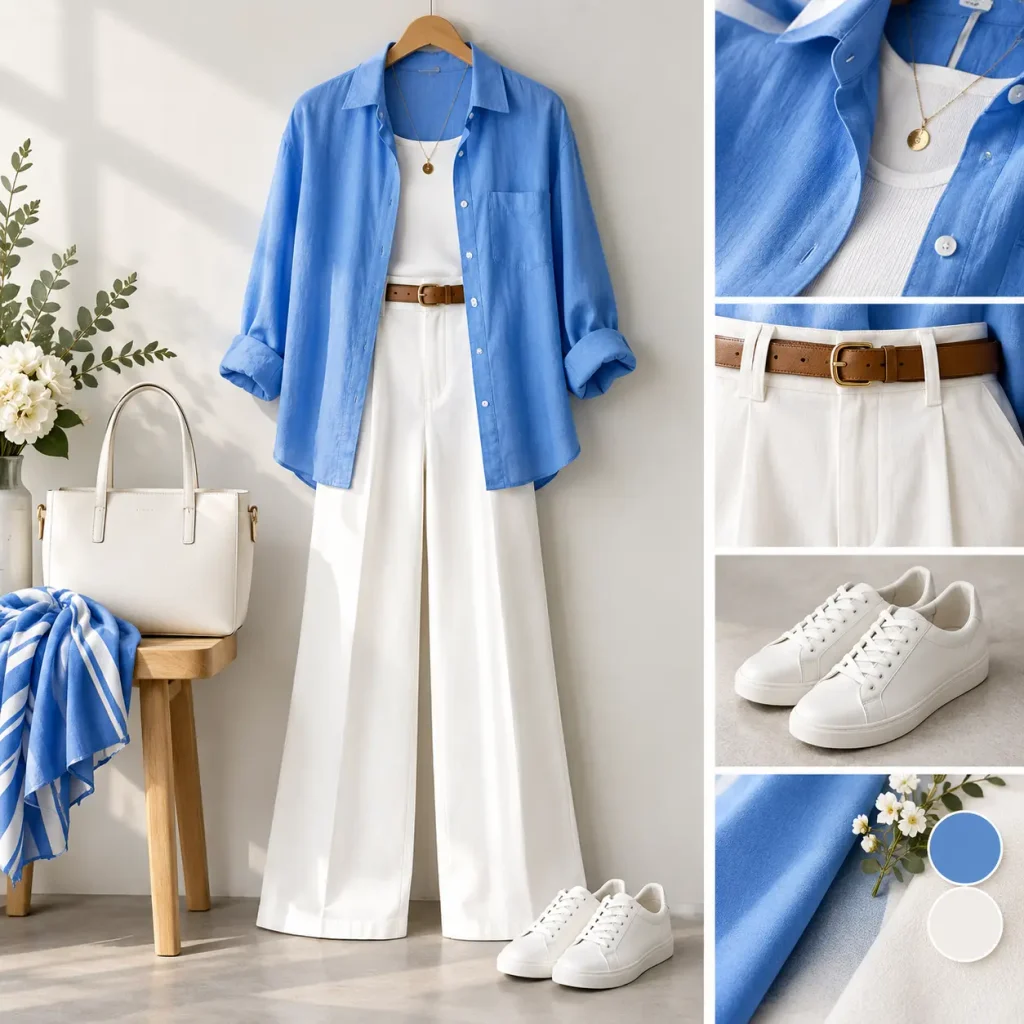 Blue and white color combination outfit with a light blue shirt, white wide-leg pants, and white sneakers