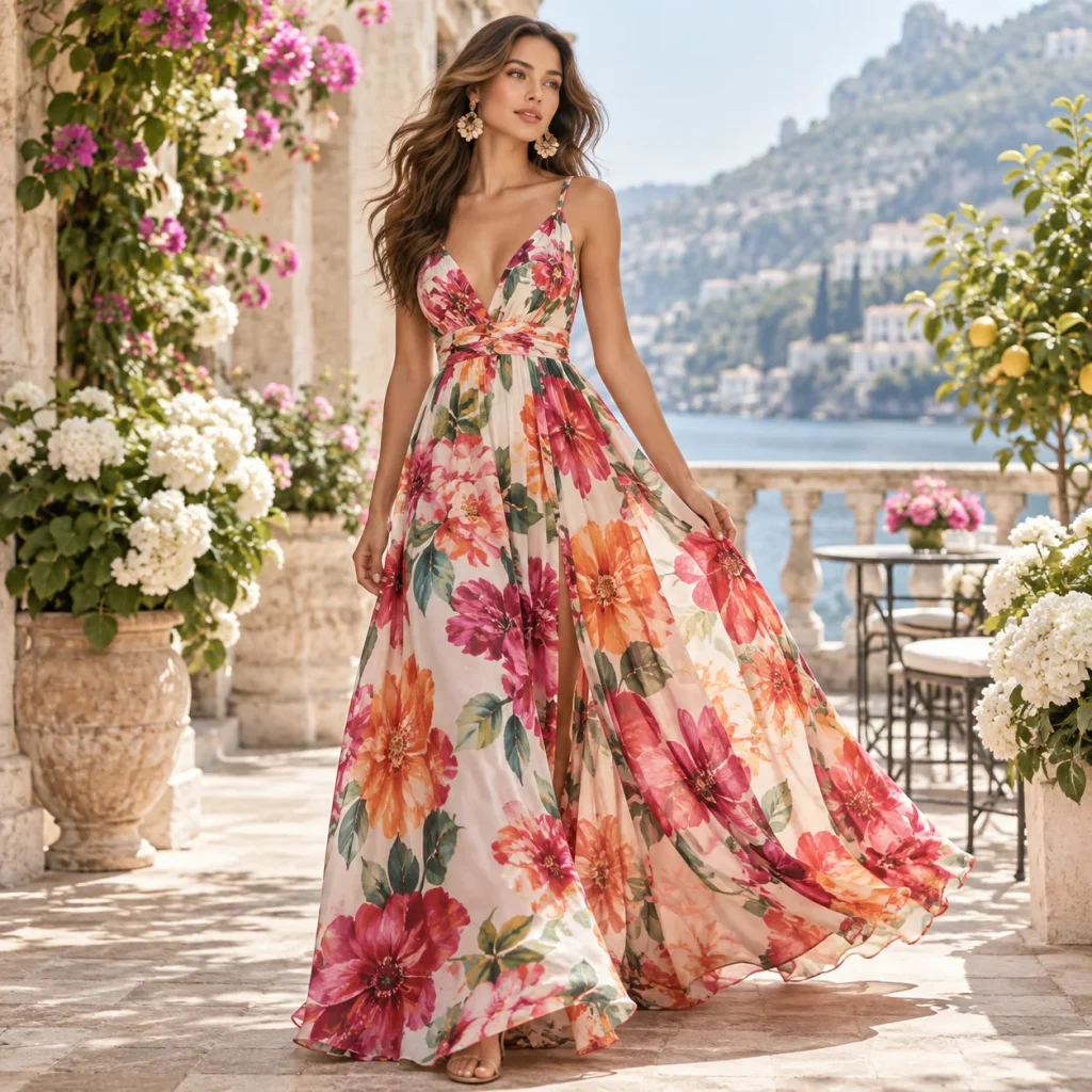 Woman wearing a bold floral maxi dress with a flowing silhouette on a sunny Mediterranean terrace