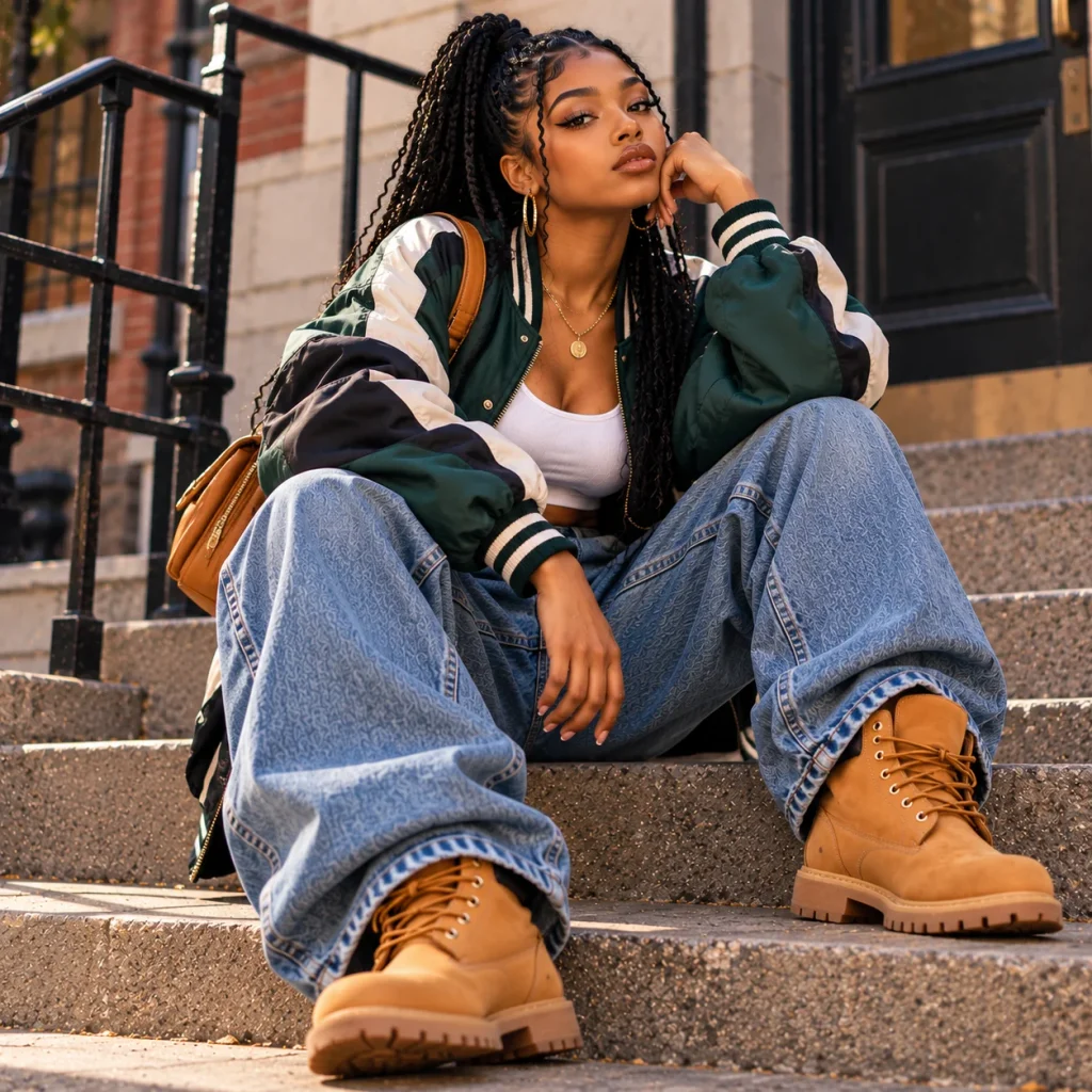Black woman wearing an oversized bomber jacket, baggy blue jeans and tan work boots in a bold 90s tomboy outfit.
