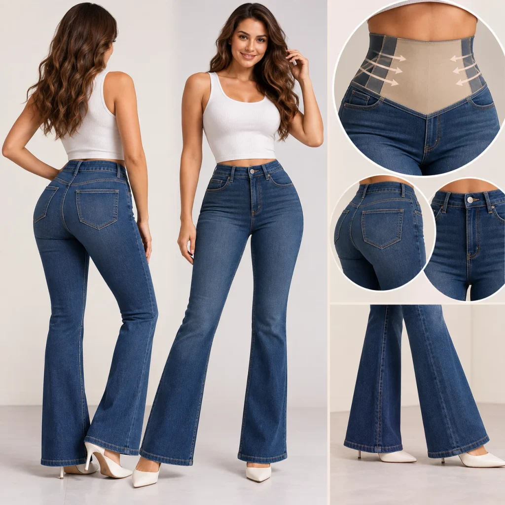 Woman wearing bootcut tummy control jeans with shaping waistband and flared legs.