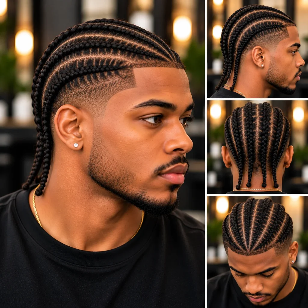 Black man with neat cornrow braids, clean scalp parting, faded sides, and a sharp line up.