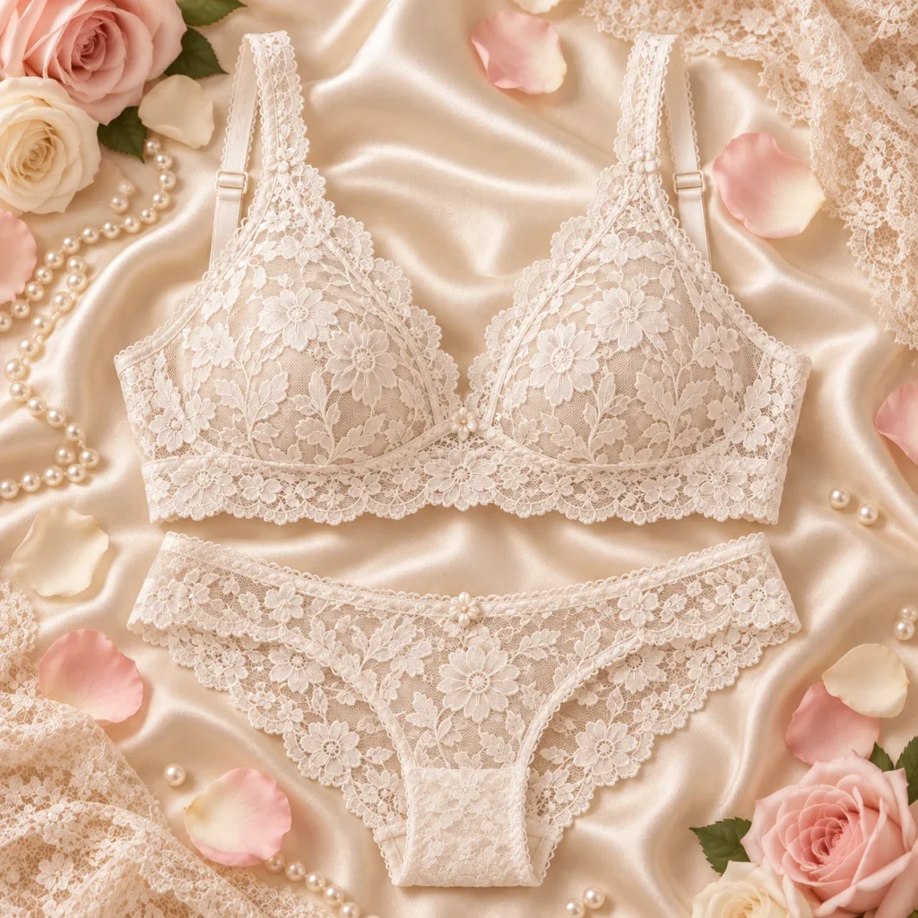 White bridal lace bra set with matching lace underwear, pearl accents, and romantic wedding-inspired styling.