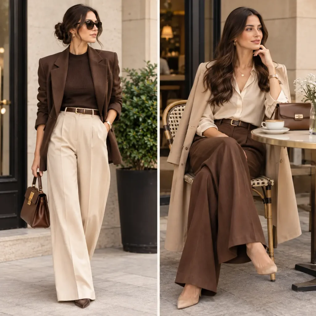 Brown and beige outfit combination featuring warm neutral tones and elegant styling