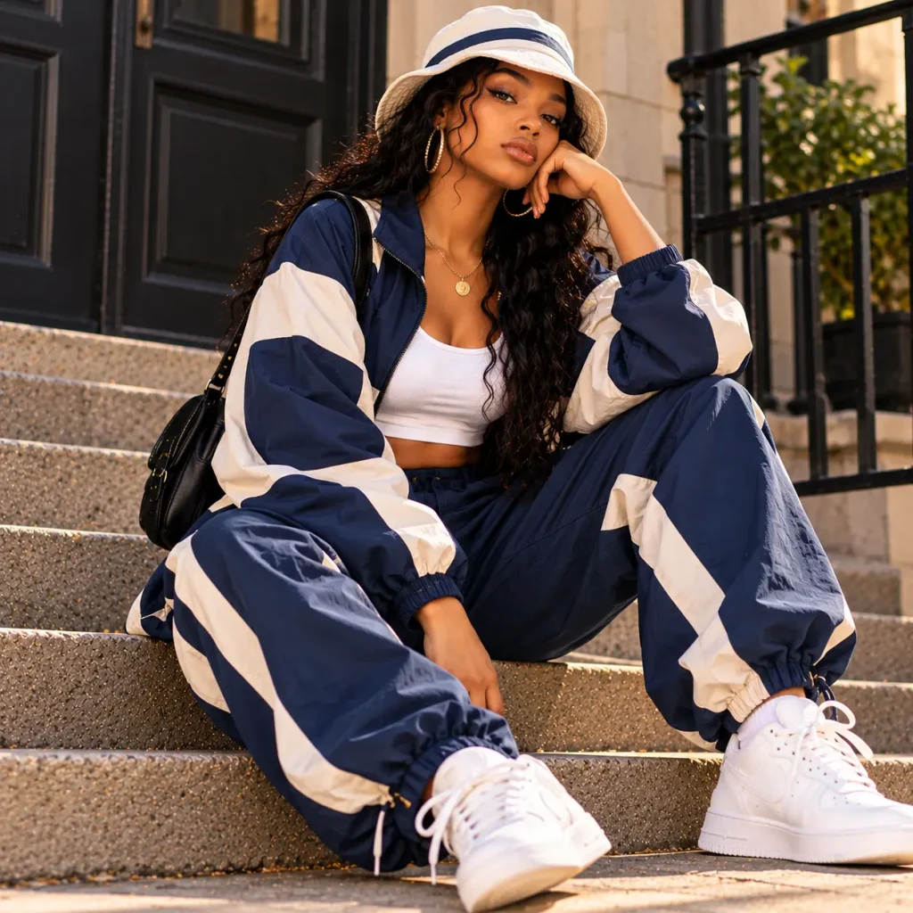 Black woman wearing a bucket hat and matching navy windbreaker set with white sneakers in a sporty 90s streetwear look.