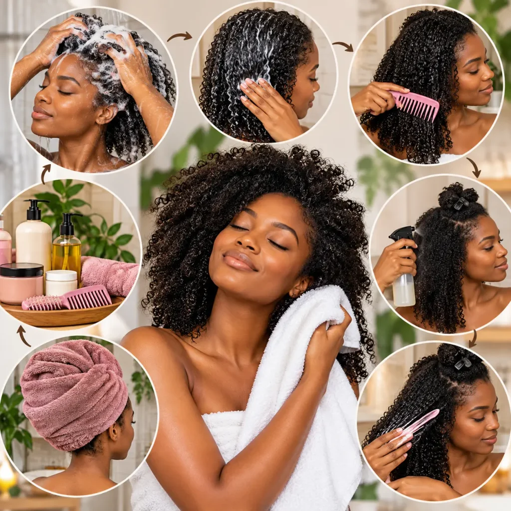 Black woman following a complete 4C hair wash day routine with shampooing, conditioning, detangling, moisturizing, and drying steps.
